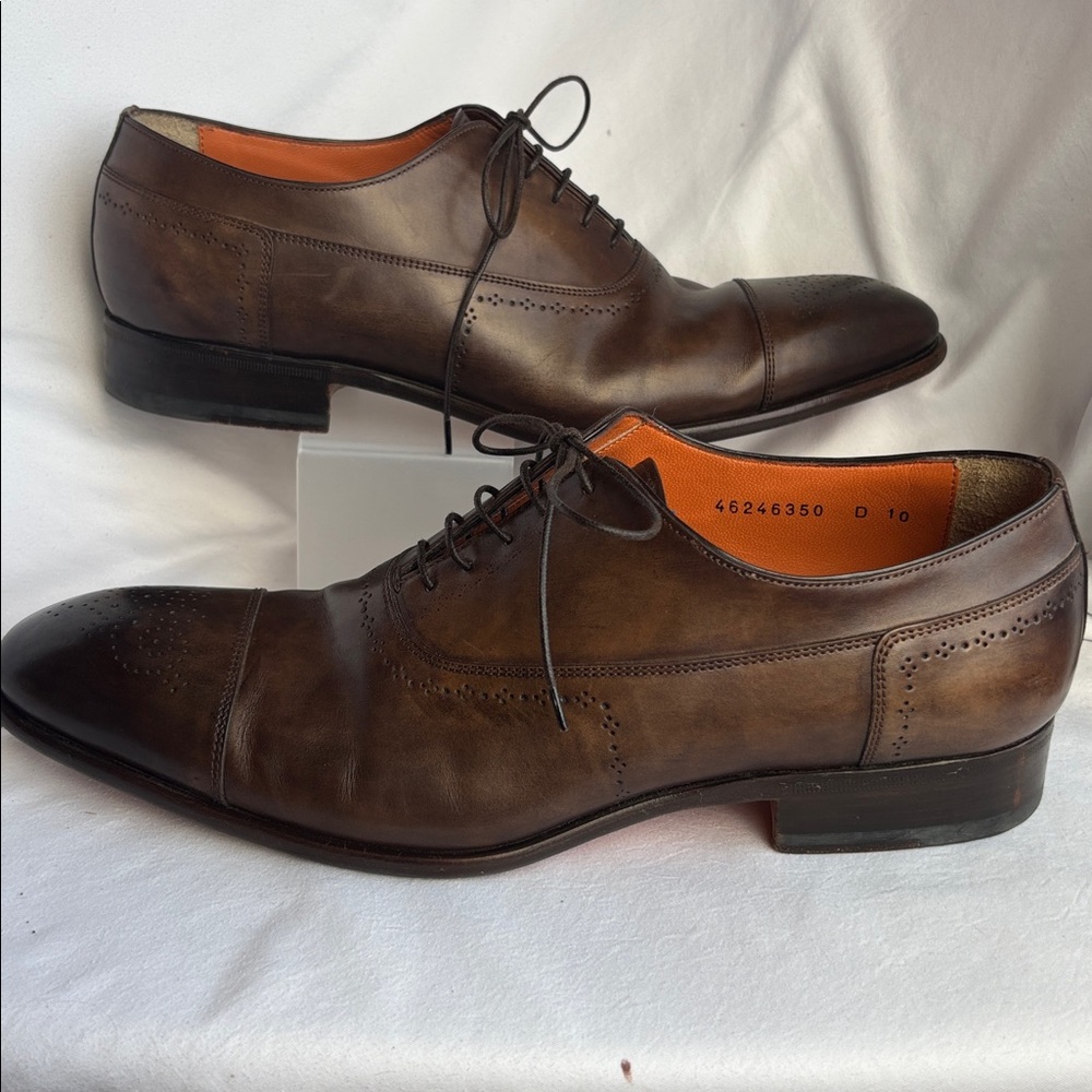 Santoni Brown Leather Cap Toe Medallion Oxford Dress Shoes Men’s 10 D Italy - Picture 3 of 11